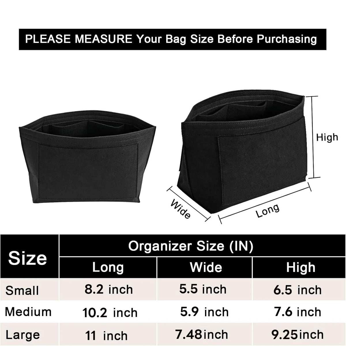 Schwarzer Filz-Organizer-Einsatz für Handtaschen in den Größen Small, Medium und Large