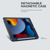A detachable magnetic case for an iPad showing a built-in pencil holder.