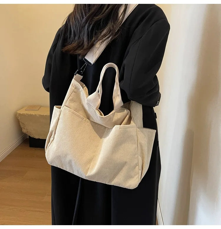 Multi-Pocket Corduroy Tote Bag – Large Capacity Casual Satchel for Travel, Work & Commute