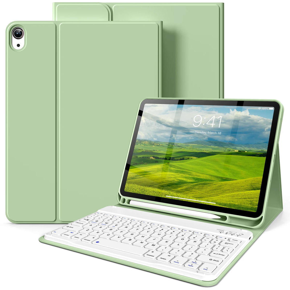Helles grünes Premium-Leder-iPad-Keyboard-Case mit Tablet und passender Schutzhülle.