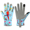 A pair of light blue gardening gloves with floral patterns and gray palms, featuring a silicone thumb grip.