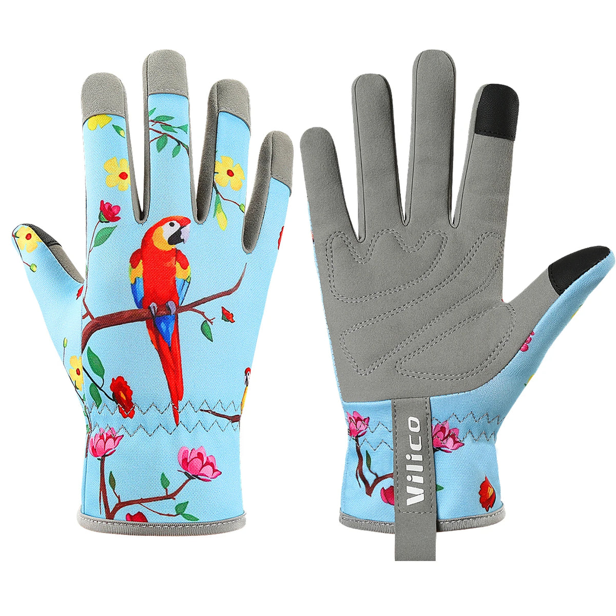 A pair of light blue gardening gloves with floral patterns and gray palms, featuring a silicone thumb grip.