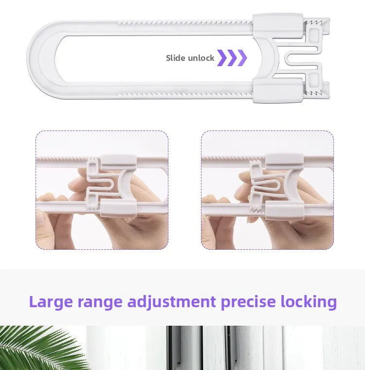 White adjustable U-shaped cabinet locks featuring a slide unlock mechanism and precise locking capability