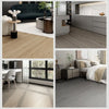 A collage showing various light and dark wood grain floor stickers used as peel-and-stick wallpaper in different interior set