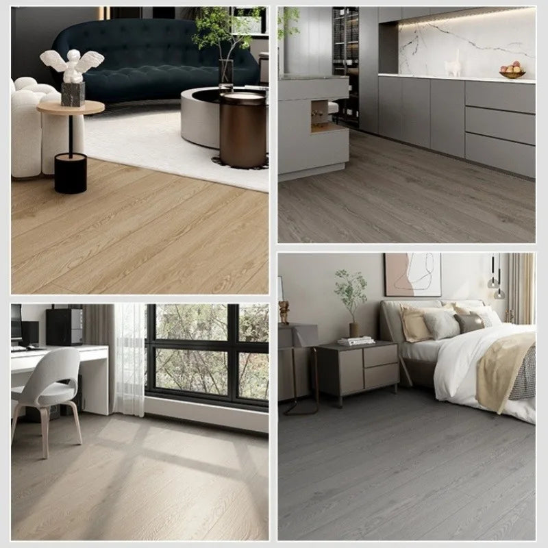 A collage showing various light and dark wood grain floor stickers used as peel-and-stick wallpaper in different interior set