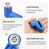 Blue anti-theft disc brake lock for motorcycles and bikes showing features like a lock-free key and anti-theft core