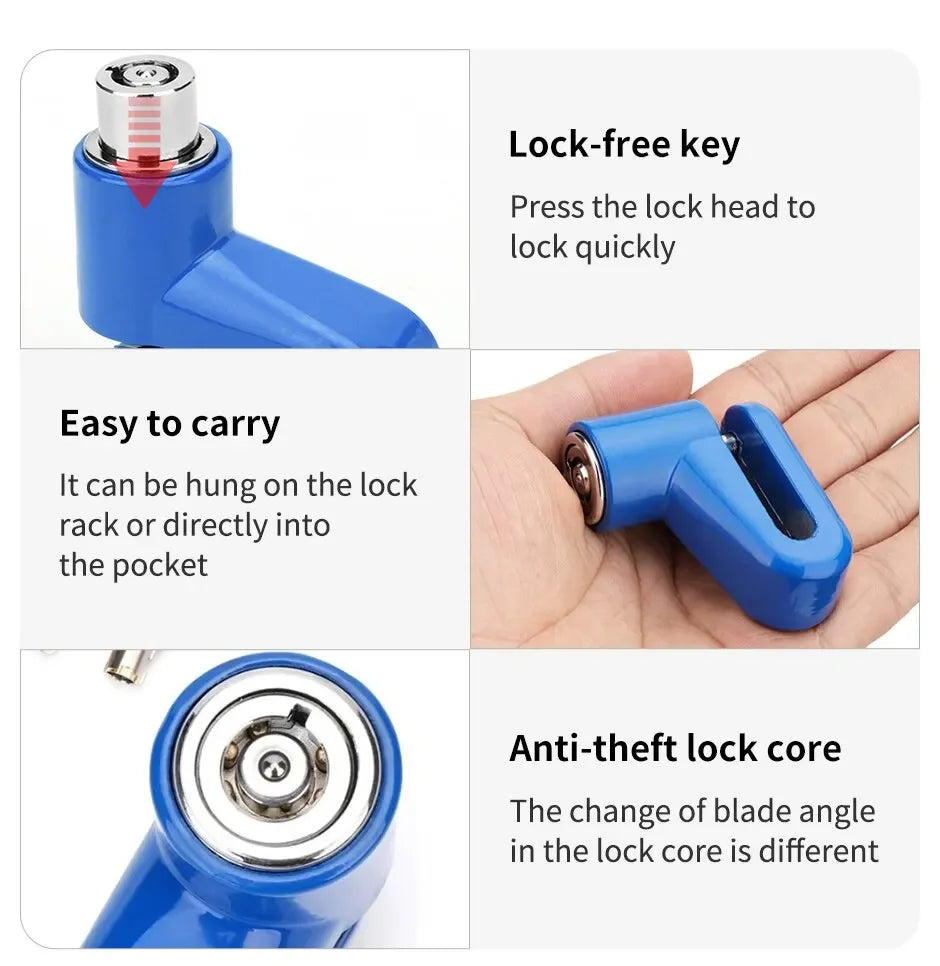 Blue anti-theft disc brake lock for motorcycles and bikes showing features like a lock-free key and anti-theft core