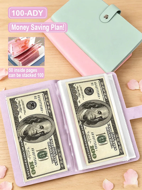 A purple cash organizer binder holds stacks of US hundred dollar bills and a green folder.