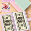 A purple cash organizer binder holds stacks of US hundred dollar bills and a green folder.