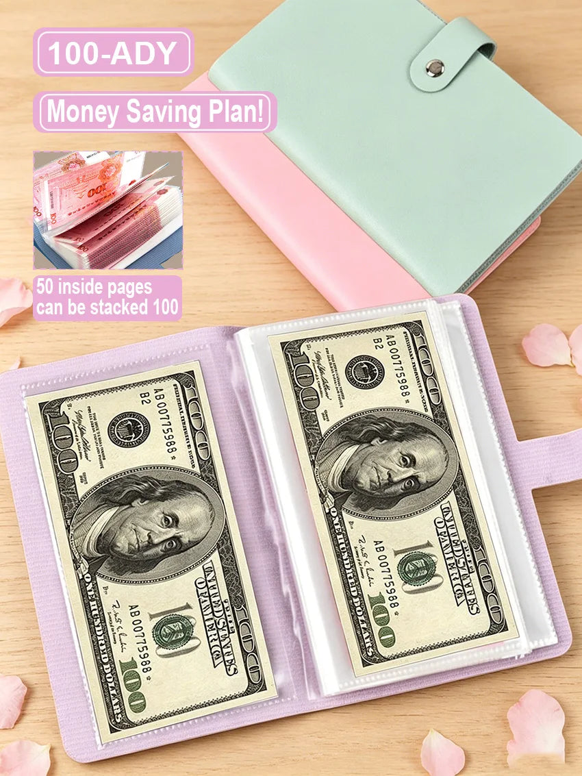 A purple cash organizer binder holds stacks of US hundred dollar bills and a green folder.