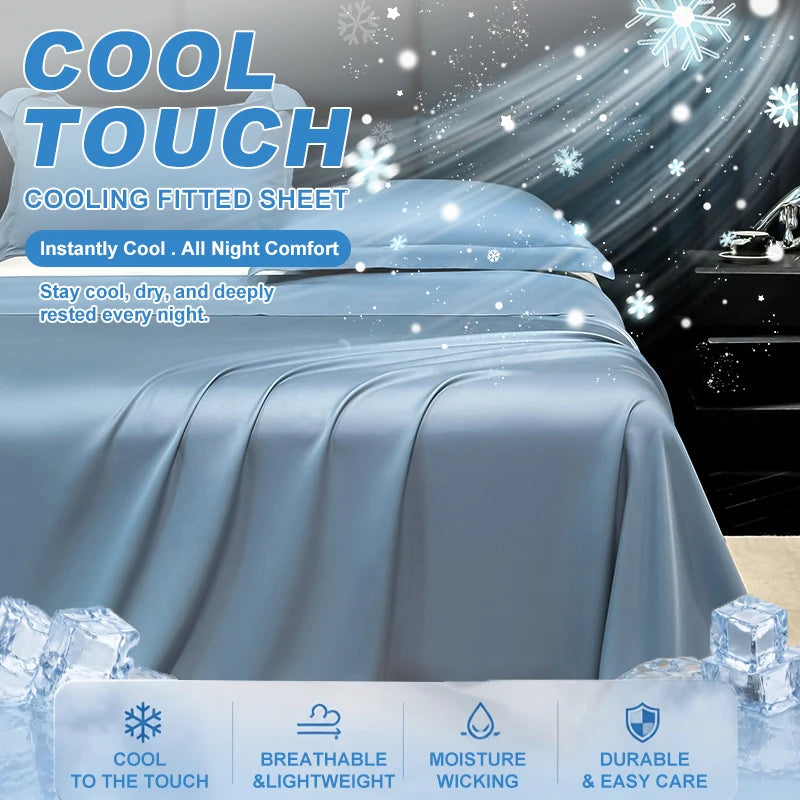 A close-up of a blue cooling fitted sheet on a bed, emphasizing its cool touch and features.