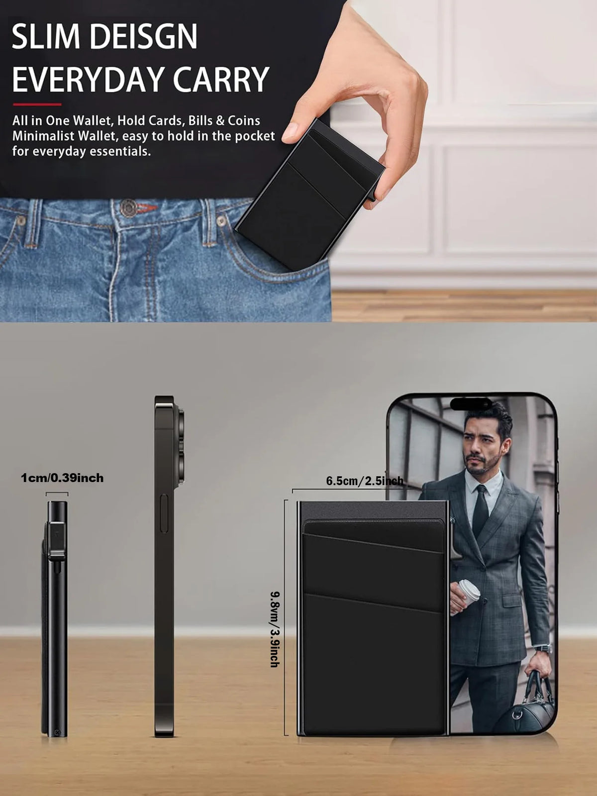 Ein schwarzer minimalistischer Aluminium-Kartenhalter neben einem Smartphone, der schlankes Design und Kapazität zeigt.