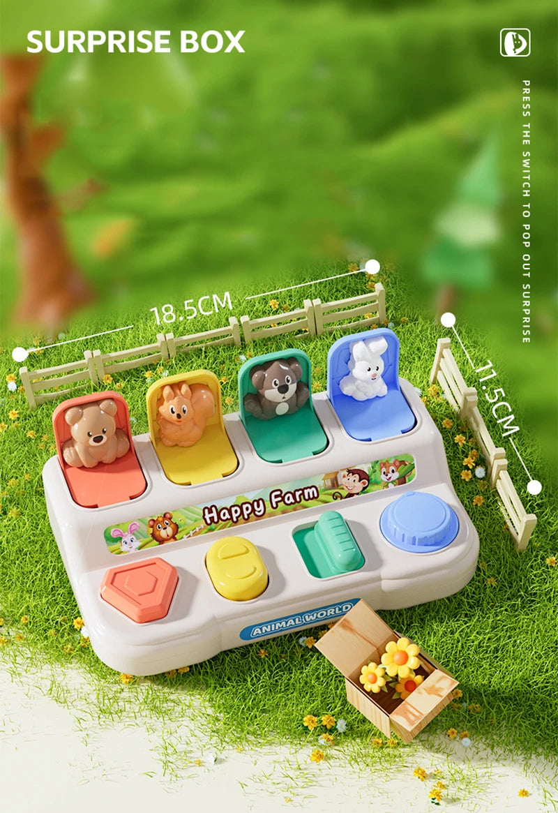 A surprise box containing a plastic animal world toy set with various stuffed animals for sensory learning.