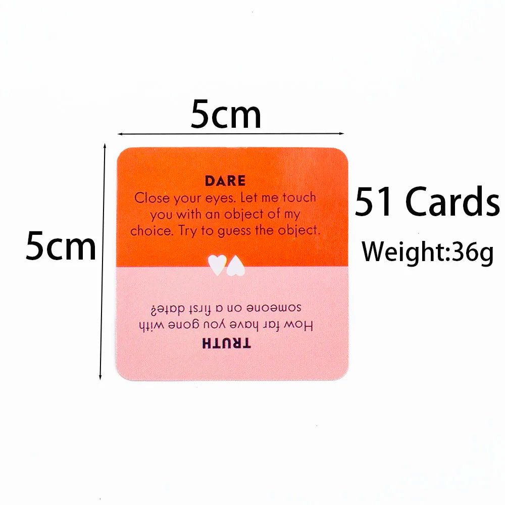 A rectangular orange and pink card with Dare and Truth prompts, used for a couples card game.