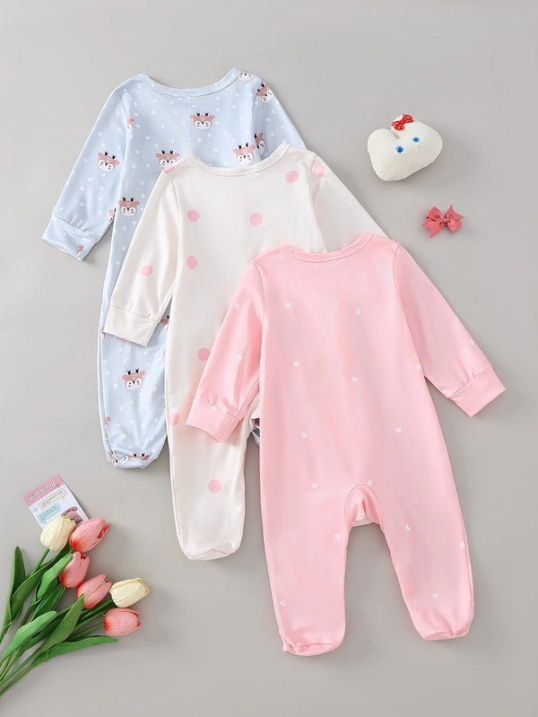 Newborn Baby Girls Footed Sleepers 3-Pack - Soft Long Sleeve Rompers with Adorable Patterns