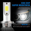 A close-up view of a COB chip headlight bulb with bright yellow light and silver housing.
