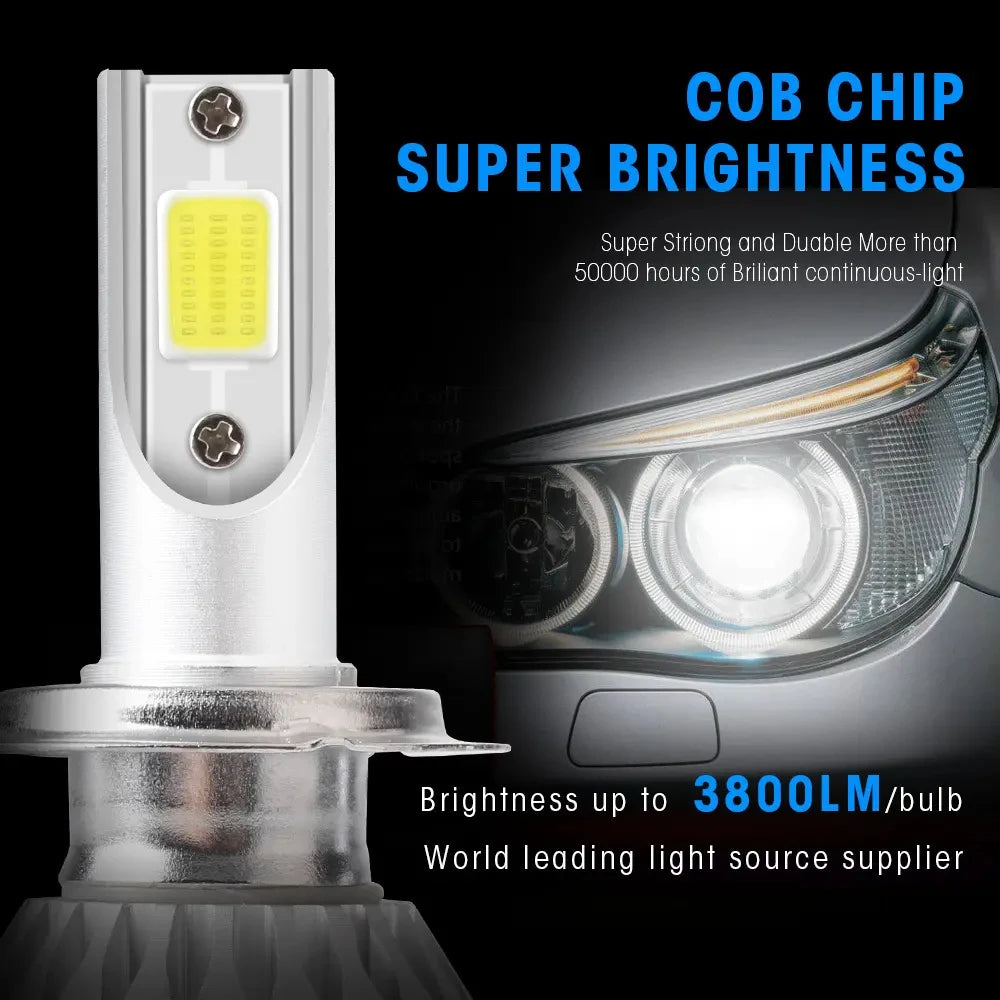 A close-up view of a COB chip headlight bulb with bright yellow light and silver housing.