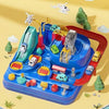 A blue interactive racing rail car set featuring various vehicle designs including a train, animal, and space rocket.
