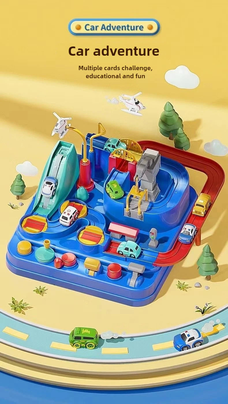 A blue interactive racing rail car set featuring various vehicle designs including a train, animal, and space rocket.