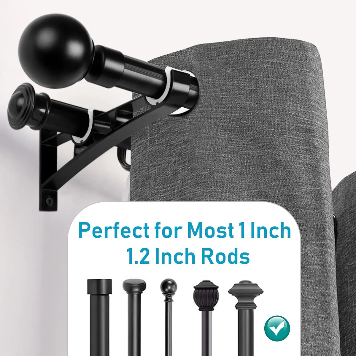Black heavy duty double curtain rod brackets for wall mounting, suitable for 1 to 1.2 inch rods.