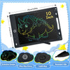 A black 10 inch LCD writing tablet featuring a dinosaur design and buttons for color screen, one key erase, and lock key.
