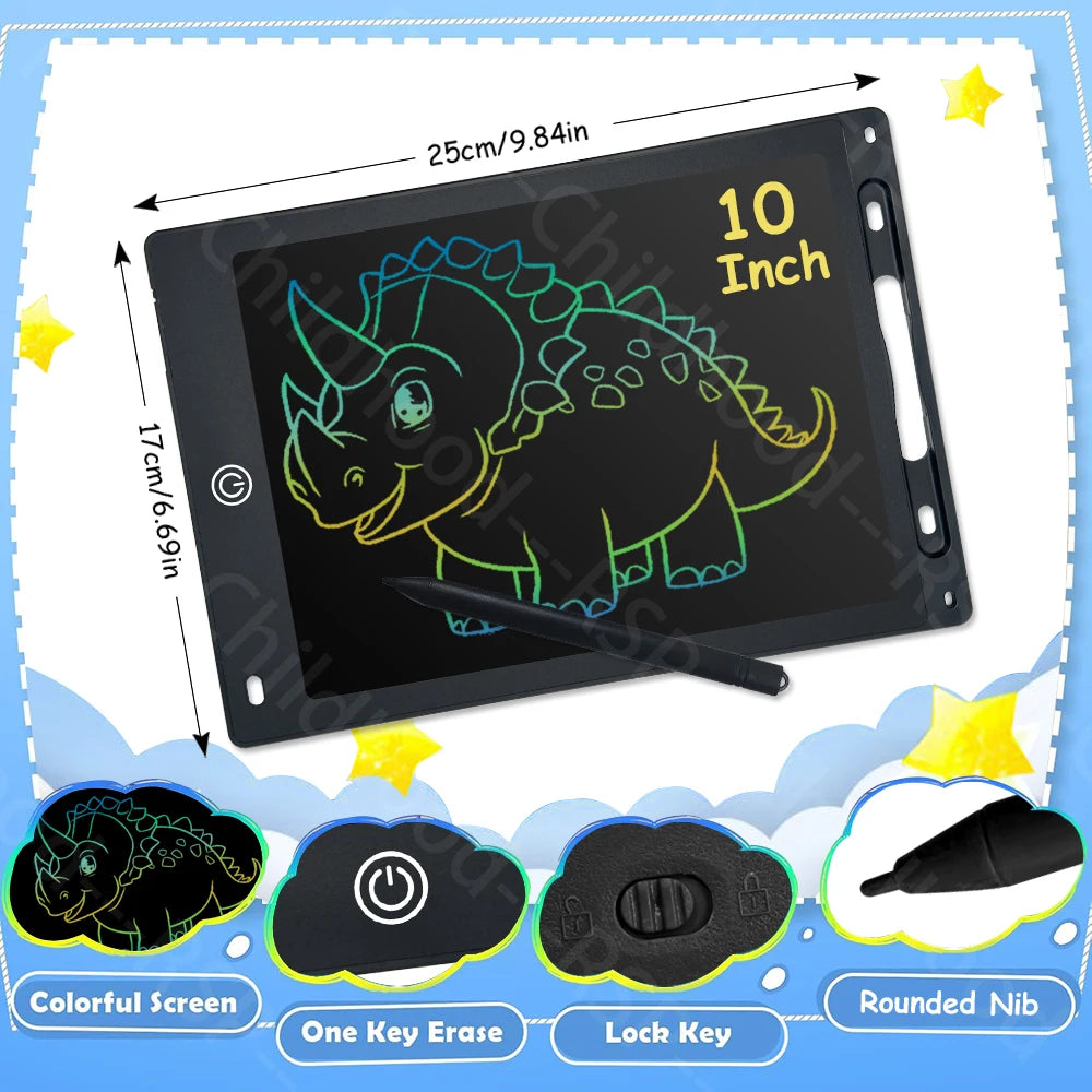 A black 10 inch LCD writing tablet featuring a dinosaur design and buttons for color screen, one key erase, and lock key.