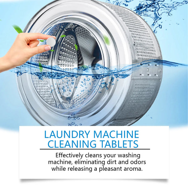 Main placing cleaning tablets into a washing machine drum with splashing water.