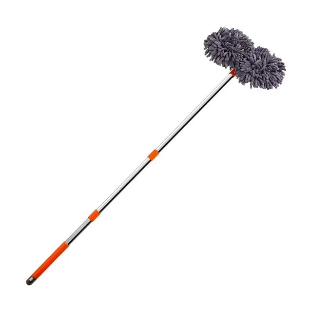 Extendable car wash mop with a long handle and a dual grey chenille brush head