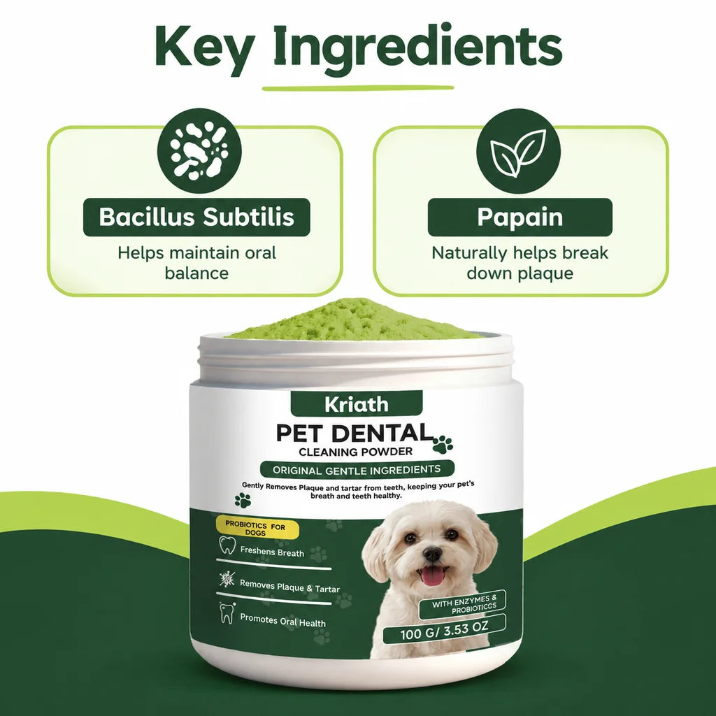 Jar of Kriath Pet Dental Cleaning Powder with Bacillus Subtilis and Papain ingredients
