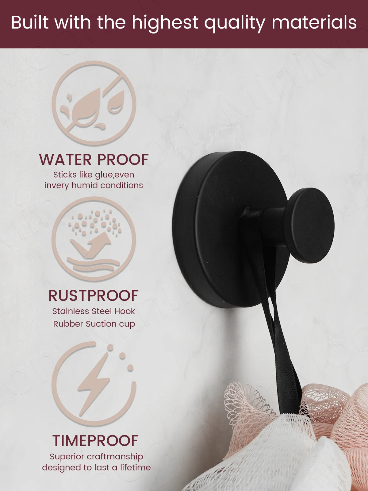 A black stainless steel towel hook with a rubber suction cup is shown against a white background.