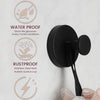 A black stainless steel towel hook with a rubber suction cup is shown against a white background.