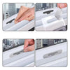 Close-up images showing self-adhesive window screen repair patches being applied to a window frame.