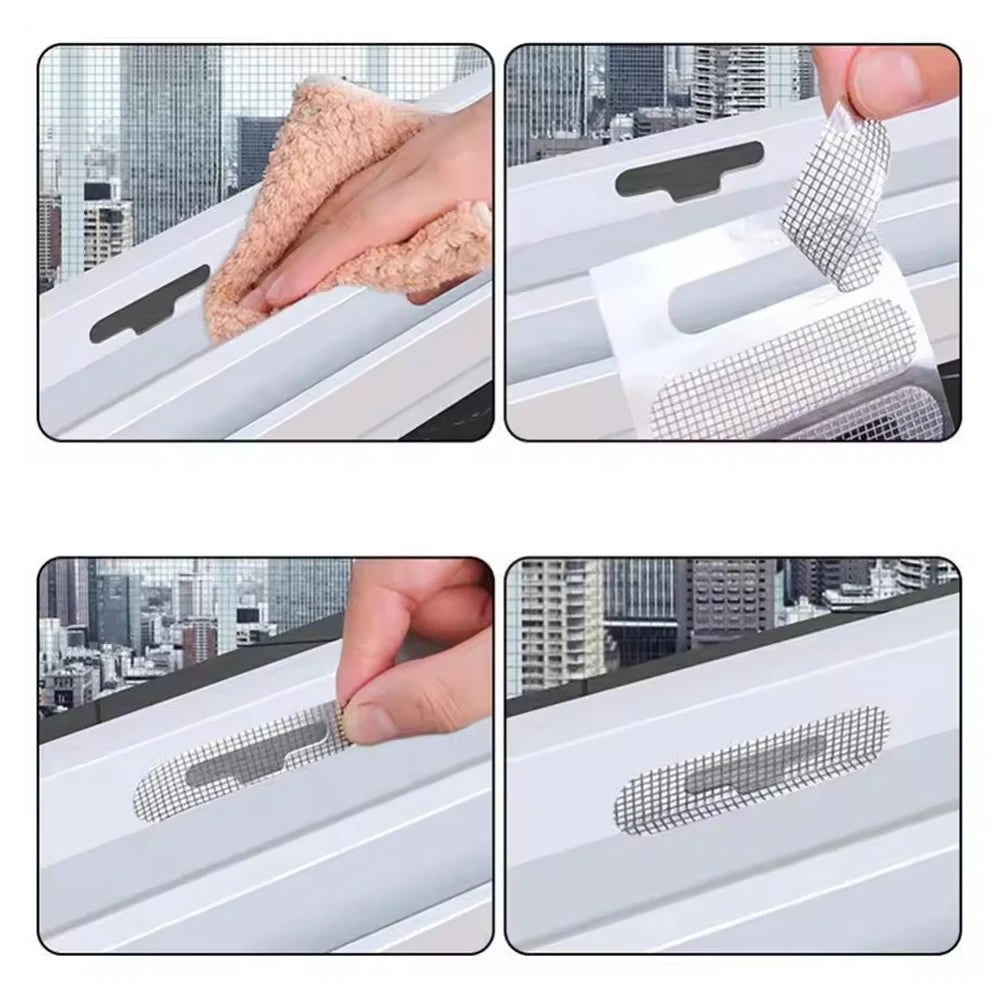 Close-up images showing self-adhesive window screen repair patches being applied to a window frame.