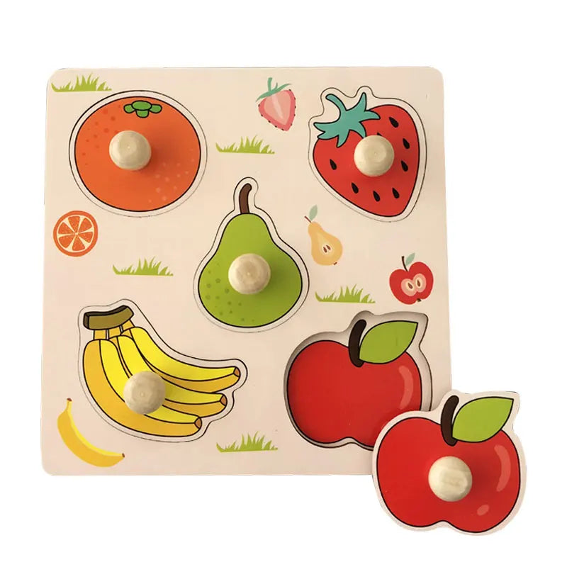 A wooden puzzle board featuring various fruit shapes like an orange, strawberry, and pear with round peg puzzles.