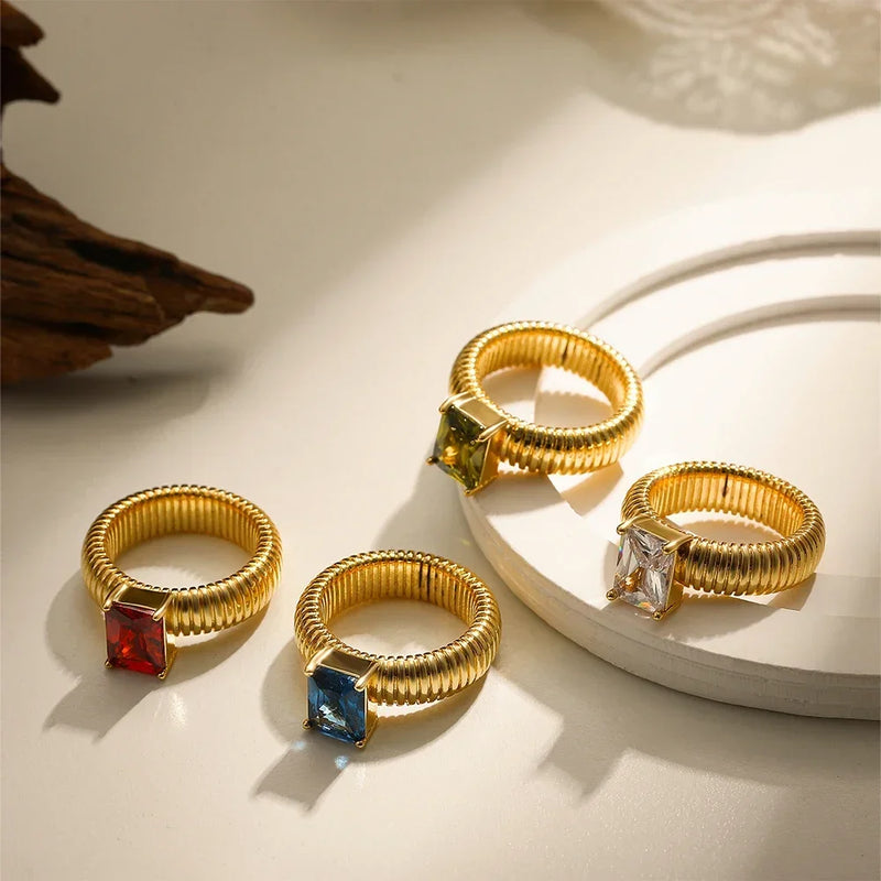 Chunky Gold-Plated Crystal Ring with Geometric Stripes