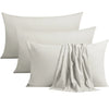 A set of four solid light gray microfiber pillowcases with envelope closures displayed together.