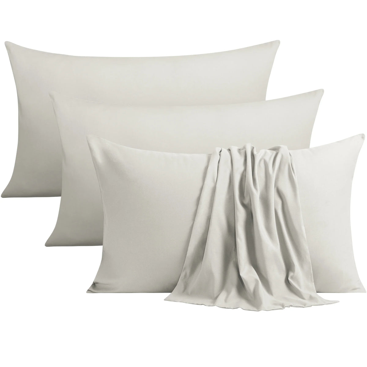 A set of four solid light gray microfiber pillowcases with envelope closures displayed together.