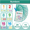 A set of numbered flash cards showing numbers one through sixteen and twenty-eight words