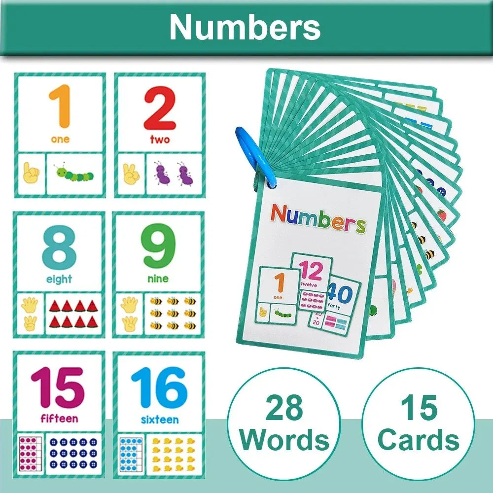 A set of numbered flash cards showing numbers one through sixteen and twenty-eight words