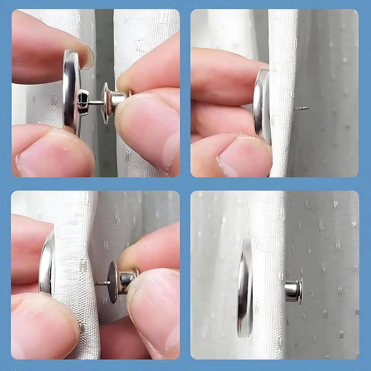 Close-up photos showing the installation and use of magnetic curtain clips on a white fabric.