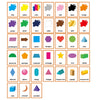 A set of colorful flash cards showing various geometric shapes and colors for vocabulary learning.