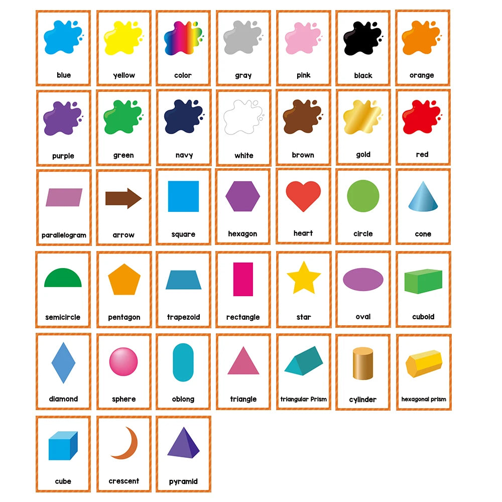 A set of colorful flash cards showing various geometric shapes and colors for vocabulary learning.