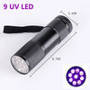 A black rechargeable UV LED flashlight with a textured body and a purple light output, shown next to its disassembled lens.