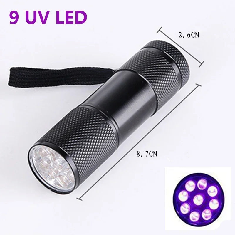 A black rechargeable UV LED flashlight with a textured body and a purple light output, shown next to its disassembled lens.