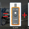 A tire pressure tester device is shown next to a pickup truck and an electronic tool for tire pressure monitoring systems.