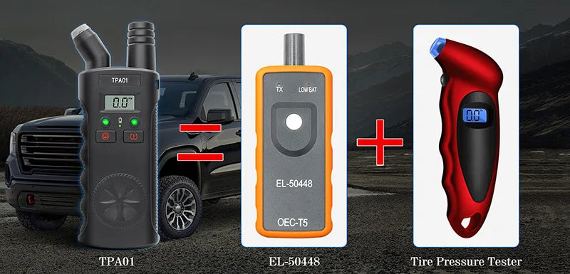 A tire pressure tester device is shown next to a pickup truck and an electronic tool for tire pressure monitoring systems.