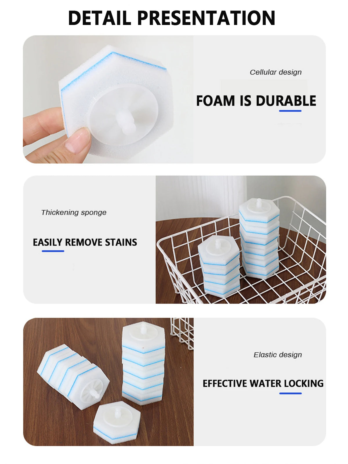 Disposable toilet cleaning wand refills showing foam durability and elastic water locking features.