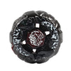 A black alloy battle spinning top with an intricate, textured design.