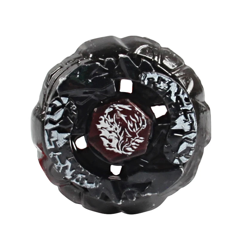 A black alloy battle spinning top with an intricate, textured design.