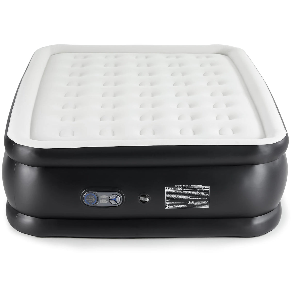 A black elevated air mattress with a white, quilted surface and a control panel.